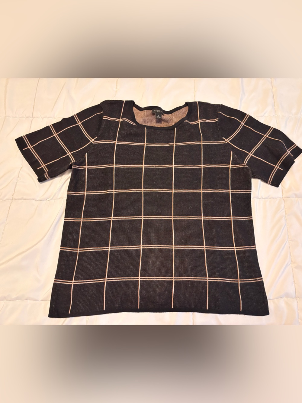 Ann Taylor Factory Black Short-Sleeve Knit Top with Cream Windowpane